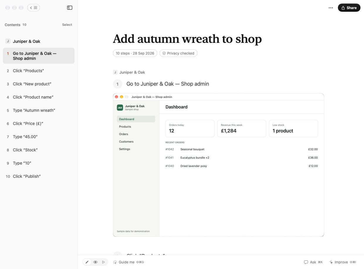 A recorded shop task open in Foxstep, with editable steps and a screenshot for each one.