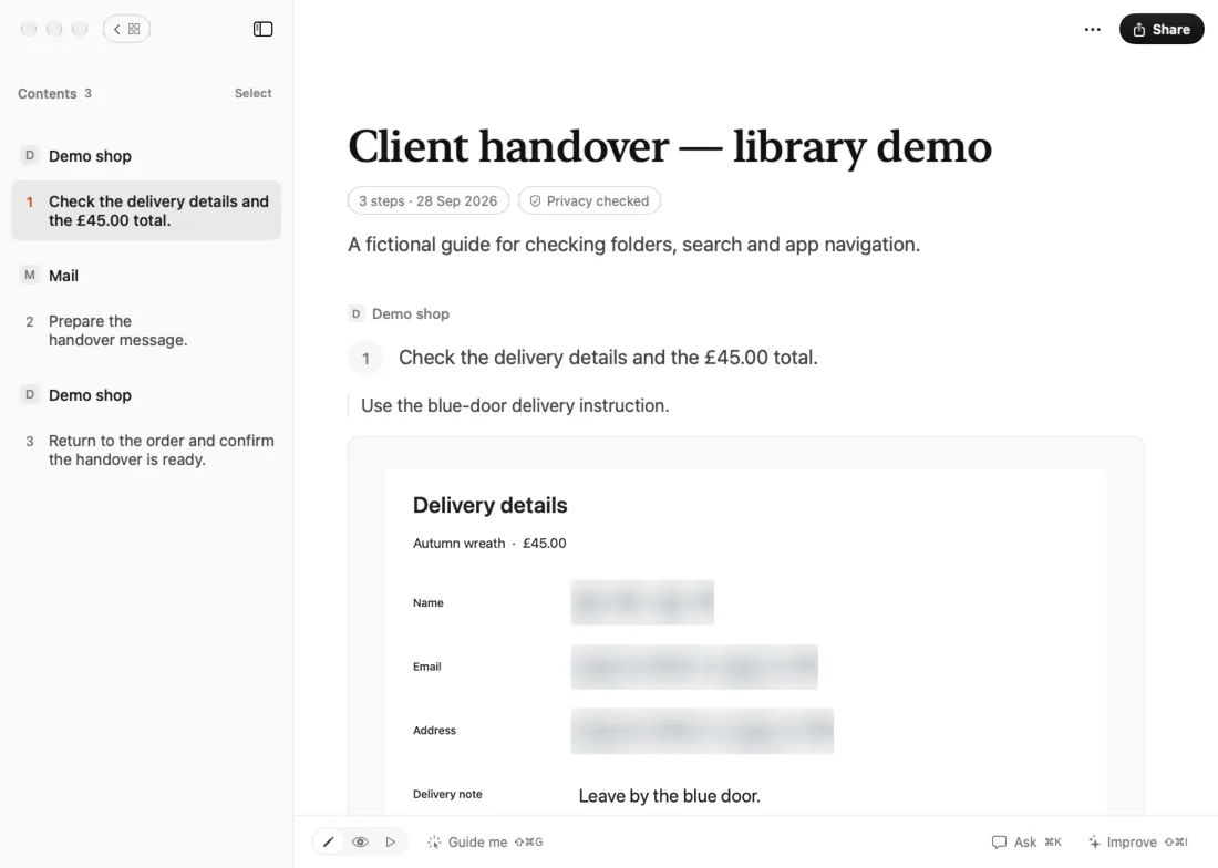 A guide open for editing in Foxstep, with a note under the step and private details blurred in the screenshot.