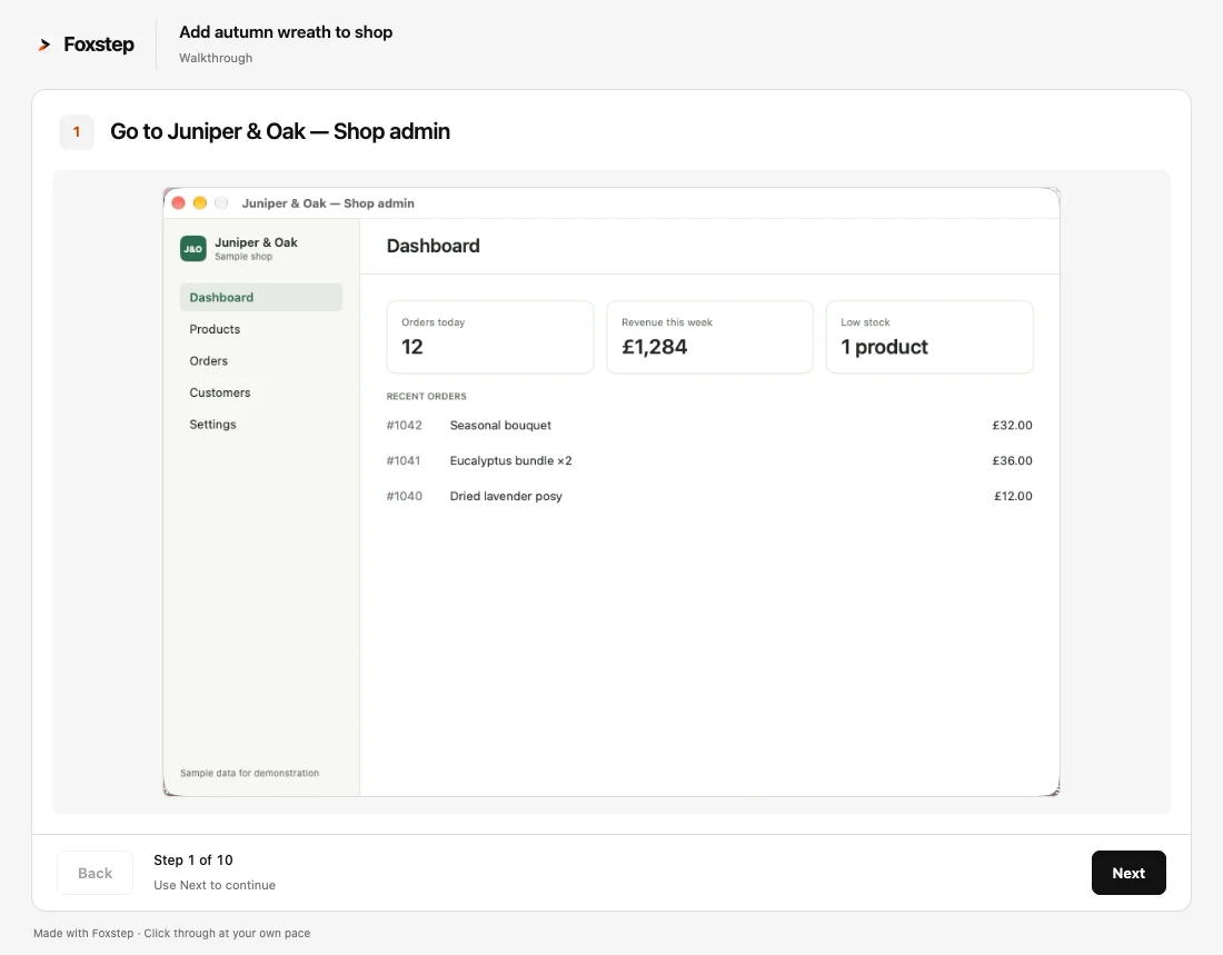 The walkthrough export: step 1 of 10 with its screenshot, and Back and Next buttons.