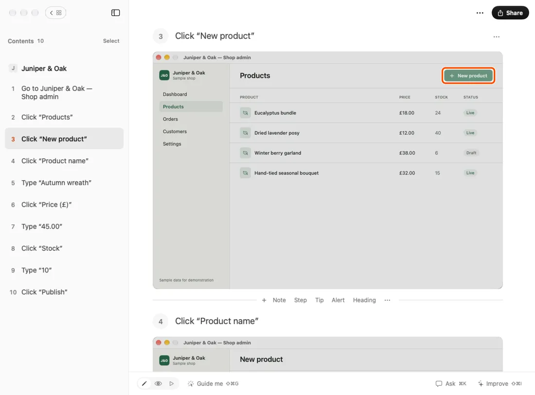 A recorded step in Foxstep: Click “New product”, with the button circled in its screenshot.