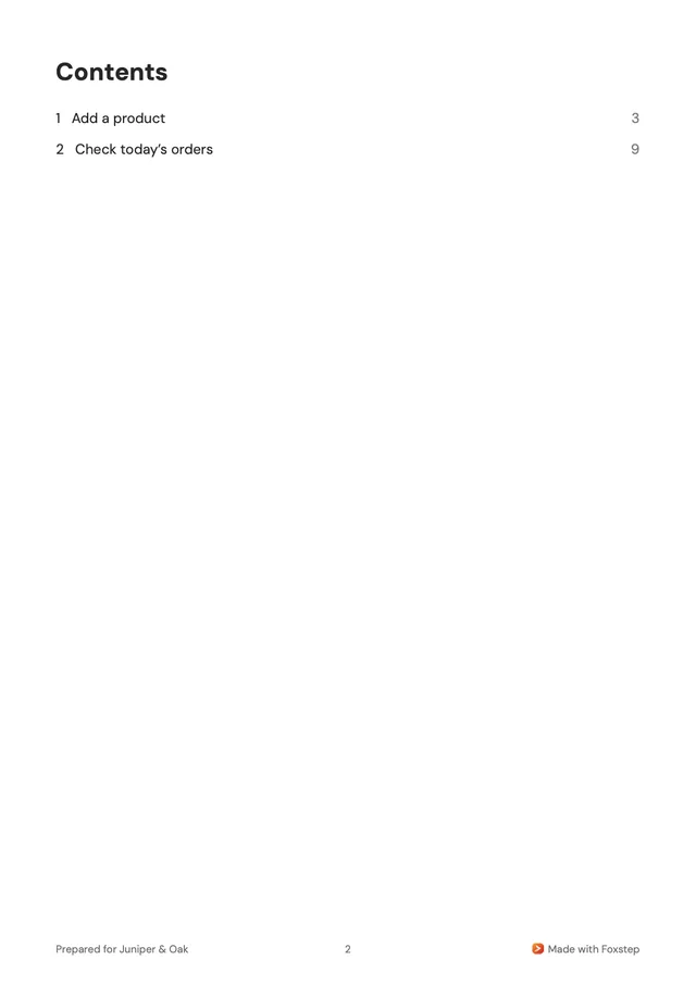 The pack’s contents page, listing two guides, with a footer reading Prepared for Juniper & Oak and Made with Foxstep.